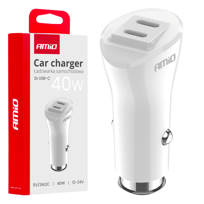 Amio Car Charger Téléphone Double USB-C 40W 12/24V blanc