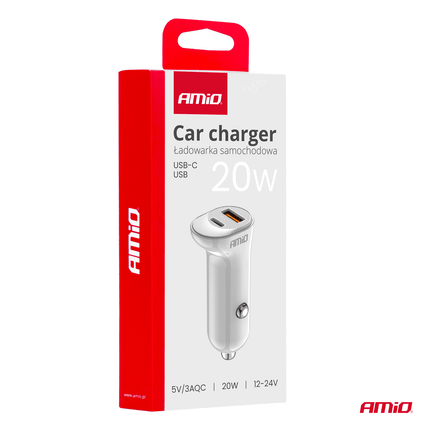 AMiO Autolader Telefoon USB - A + USB - C 20W 12/24V Wit - VCTparts.nl