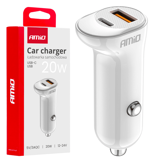 AMiO Autolader Telefoon USB - A + USB - C 20W 12/24V Wit - VCTparts.nl