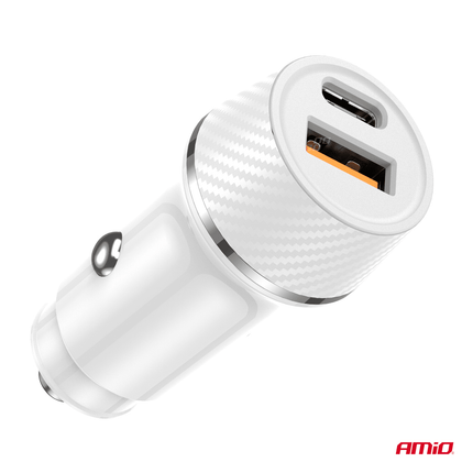 AMiO Autolader Telefoon USB - A + USB - C 20W 12/24V Wit - VCTparts.nl