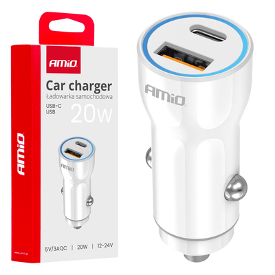 Amio Car Charger Téléphone USB-A + USB-C 20W 12/24V blanc