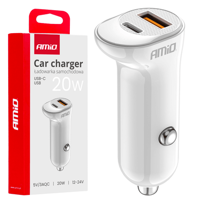 Amio Car Charger Téléphone USB-A + USB-C 20W 12/24V blanc