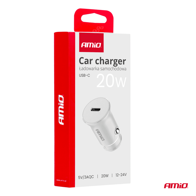 AMiO Autolader Telefoon USB - C 20W 12/24V Wit - VCTparts.nl