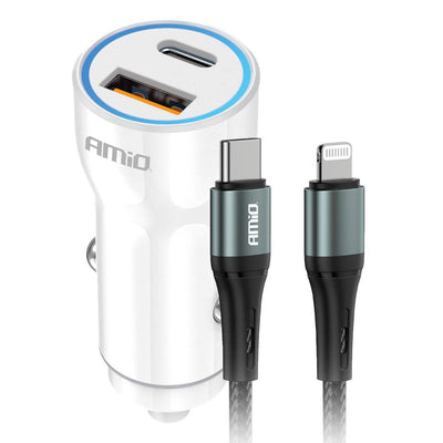 Chargeur de voiture Amio + USB-C vers le câble Lightning Combidéal pour une reproduction rapide sur le chemin