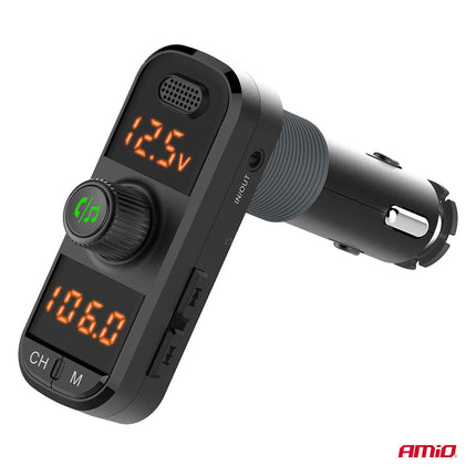 AMiO Car FM Transmitter 2×USB - A 1×USB - C microSD 12V 24V – Bluetooth, Hands - Free Bellen en L - vormige Behuizing AMiO 8