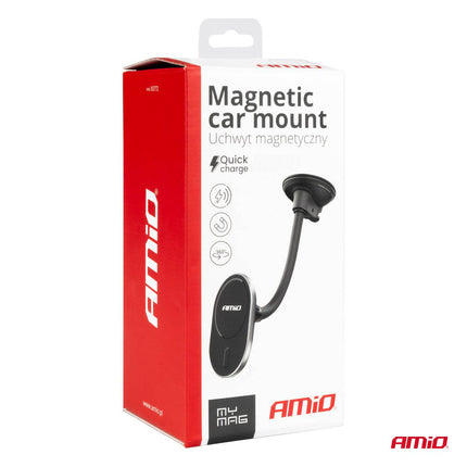 AMiO Magnetische Autohouder met 15W Draadloze Oplader en MagSafe - Verstelbare Arm en Zuignap Zwart - VCTparts.nl