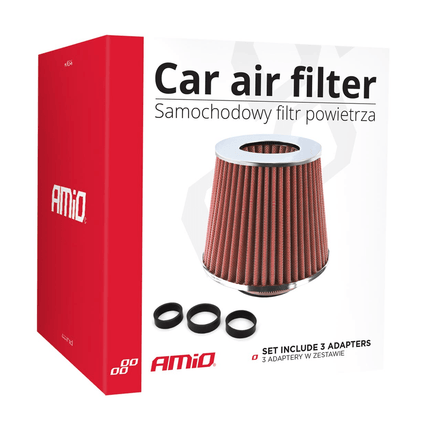 AMiO Open Luchtfilter Sport Filter met Cold Air Intake Rood - Chrome [Sportfilter Powerfilter Universeel] - VCTparts.nl