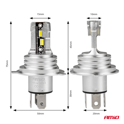 AMiO Dimlicht LED H4/H19 Mini 6500k Wit (set) 12v/24v [Witte koplampen - Witte Dimlichten] - VCTparts.nl