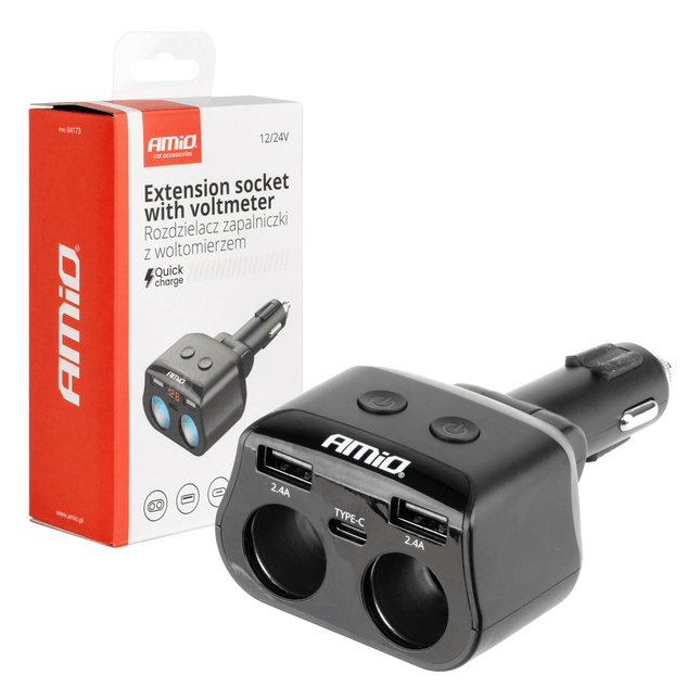 AMiO Dubbele Sigarettenaansteker Plug Splitter met (2x USB - A & 1x USB - C) 12V/24V en Voltmeter Zwart - VCTparts.nl