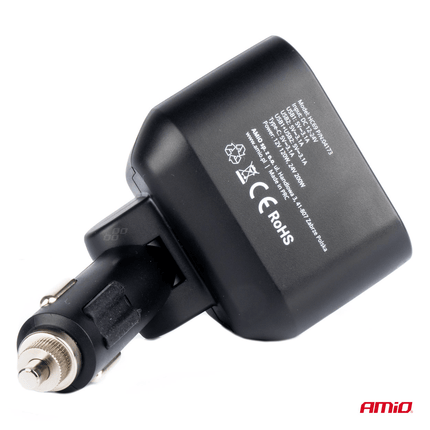AMiO Dubbele Sigarettenaansteker Plug Splitter met (2x USB - A & 1x USB - C) 12V/24V en Voltmeter Zwart - VCTparts.nl