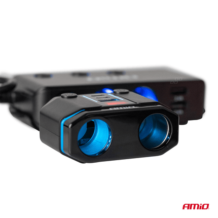 AMiO Dubbele Sigarettenaansteker Plug Splitter met (2x USB - A & 1x USB - C) 12V/24V QC3.0 200W Voltmeter Zwart - VCTparts.nl