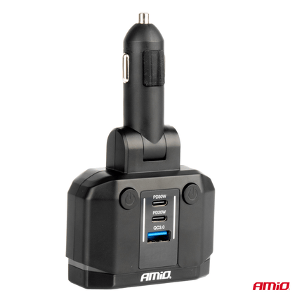 AMiO Dubbele Sigarettenaansteker Plug Splitter met (2x USB - A & 1x USB - C) 12V/24V QC3.0 200W Voltmeter Zwart - VCTparts.nl