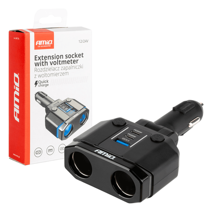 AMiO Dubbele Sigarettenaansteker Plug Splitter met (2x USB - A & 1x USB - C) 12V/24V QC3.0 200W Voltmeter Zwart - VCTparts.nl