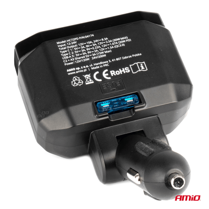 AMiO Dubbele Sigarettenaansteker Plug Splitter met (2x USB - A & 1x USB - C) 12V/24V QC3.0 200W Voltmeter Zwart - VCTparts.nl