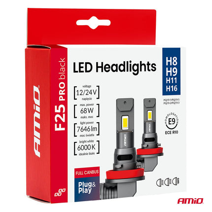 AMiO F25 PRO BLACK FULL CANBUS H8 H9 H11 H16 – 68W 6000K Wit 12V/24V - Hoge Helderheid - VCTparts.nl