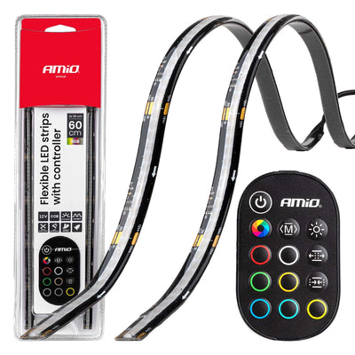 AMiO Flexible LED Strips RGB 12V – Set van 2x30cm met Afstandsbediening Controller – Decoratieve Interieur en Exterieur Verlichting voor Auto