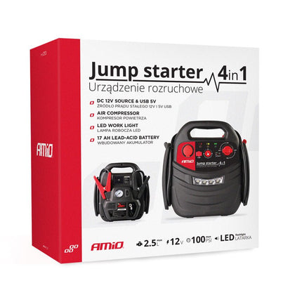 AMiO Jump Starter 12V 17Ah 900A 4in1 – Multifunctioneel Auto Accu Starter, Powerbank en Compressor JS01 Noodsituatie - VCTparts.nl
