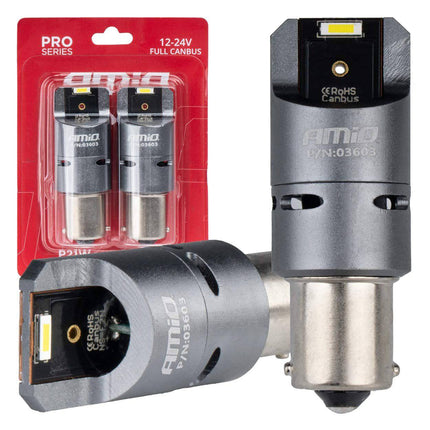AMiO LED CANBUS PRO serie BA15S P21W 2x1860SMD Wit 12/24V FULL CANBUS met FAN - VCTparts.nl