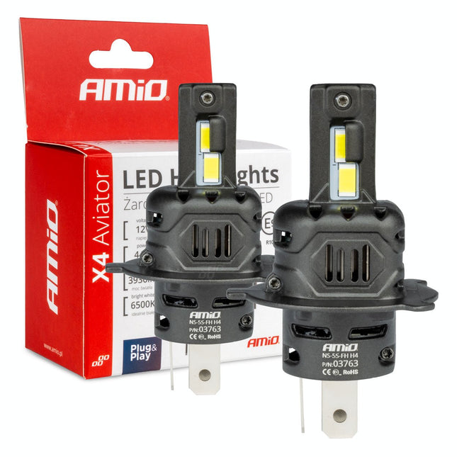 AMiO LED Koplampen X4 - serie AVIATOR H4/H19 6500K max 44W Dimlichten Wit - VCTparts.nl