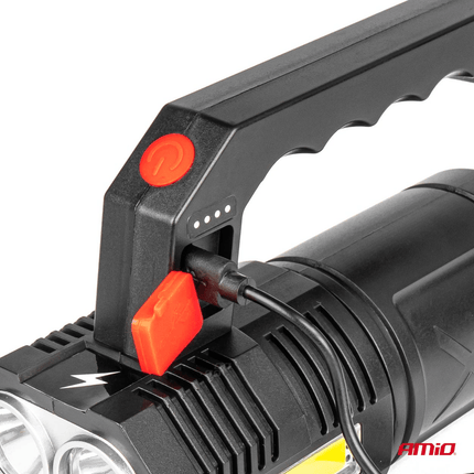 AMiO LED Zoeklicht Handlamp met Geïntegreerde Oplaadbare Batterij 300LM Zwart - Rood - VCTparts.nl