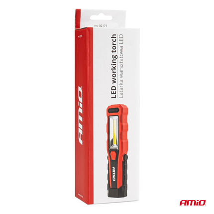 AMiO Magnetische Werklamp Inspectie Auto Zaklamp met 12/24v & 230v Lader Rood - Zwart - VCTparts.nl