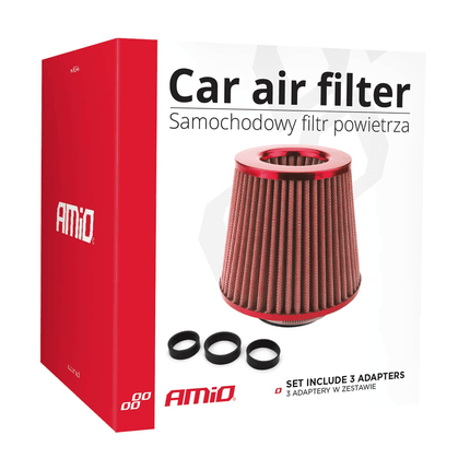 AMiO Open Luchtfilter Sport Filter met Cold Air Intake & 3 Adapters Rood - VCTparts.nl