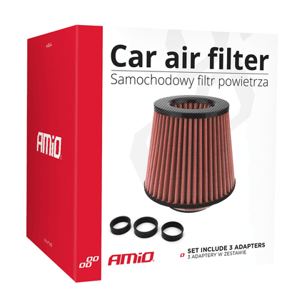 AMiO Open Luchtfilter Sport Filter met Cold Air Intake & 3 Adapters Rood - Carbon - VCTparts.nl