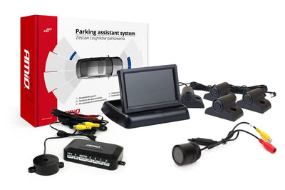 AMiO Parkeerhulpsysteem TFT02 4,3 inch LCD Beeldscherm - CAM301 IR 28mm Camera 4 Zwarte Sensoren Truck