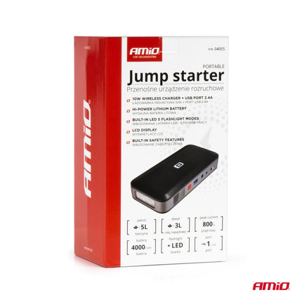 AMiO Portable Jump Starter 12V 12Ah 800A - Met Powerbank Draadloze Lader en LED Zaklamp Voor Benzine en Diesel Voertuigen - VCTparts.nl