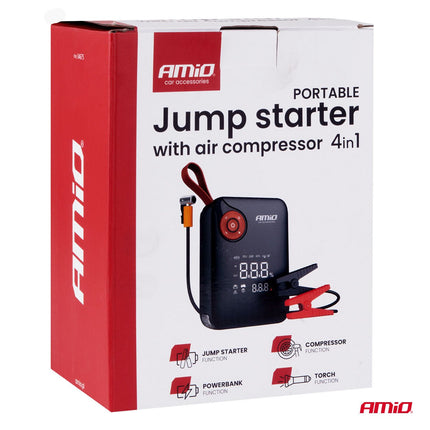 AMiO Portable Mini 4 - in - 1 Jump Starter – Powerbank 12V 600A met Air Compressor en LED Zaklamp – Draagbare Startbooster Auto – Smart Battery Booster - VCTparts.nl
