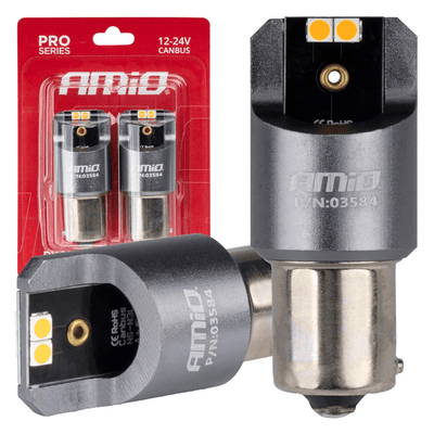 AMIO PY21W BAU15S LED 12V -24V 4X3030 SMD ORANJE CANBUS [LUMIÈRE DE FLASHING - Indicateur de direction] (2 pièces)