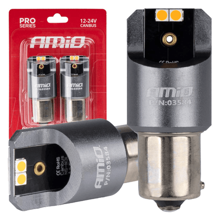 AMiO PY21W BAU15s LED 12V - 24V 4x3030 SMD Oranje Canbus [Knipperlicht - Richtingaanwijzer] (2 stuks) - VCTparts.nl