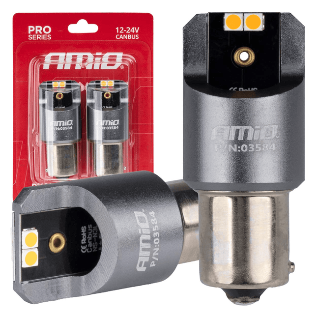 AMiO PY21W BAU15s LED 12V - 24V 4x3030 SMD Oranje Canbus [Knipperlicht - Richtingaanwijzer] (2 stuks) - VCTparts.nl