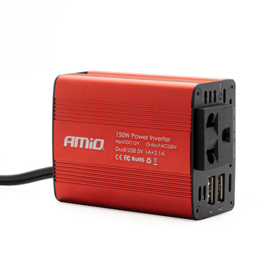 Amio Stream Onverter 12V / 230V Plugle à socket rouge (2 x USB) 150W / 300W