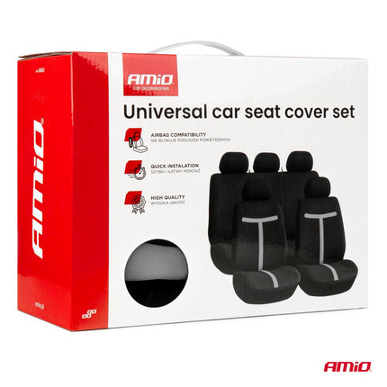 AMiO Universal Car Seat Cover Set SC - 06 – 9 - delige Stoelhoezen voor Voor - en Achterstoelen, Zwart en Grijs, Airbagveilig en Slijtvast - VCTparts.nl