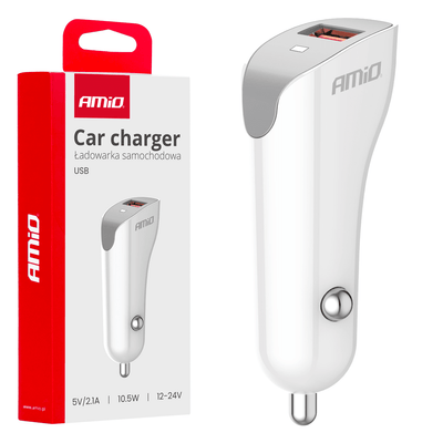 Amio USB-A Car Charger Téléphone 2.1A 12 / 24V blanc