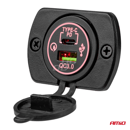 AMiO Waterdichte Telefoon Lader Autostekker Inbouwdoos USB - A en USB - C 12V 24V Universeel - VCTparts.nl