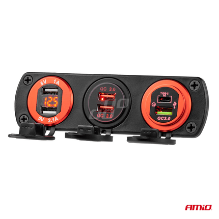 AMiO Waterdichte Telefoon Lader Autostekker Inbouwdoos USB - A en USB - C 12V 24V Universeel - VCTparts.nl