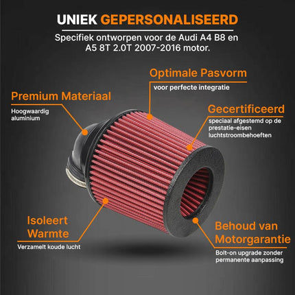 Audi A4 B8 en A5 8T 2.0T 2007 - 2016 – Koude Luchtinlaat Kit – Sport Openluchtfilter met Inlaatpijp - Cold Air Intake - VCTparts.nl
