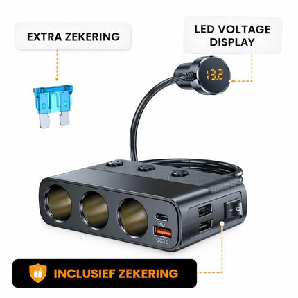 VCTparts Autolader met Sigarettenaansteker Splitter Snellader 127W Zwart [3 x 12V 3 x USB - A USB - C QC3.0 USB - A] NORGOS 9