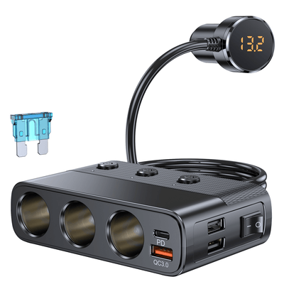Chargeur de voiture avec Splitter de cigarette Sparlitter Snell 127W noir [3 x 12V 3 x USB-A USB-C QC3.0 USB-A]