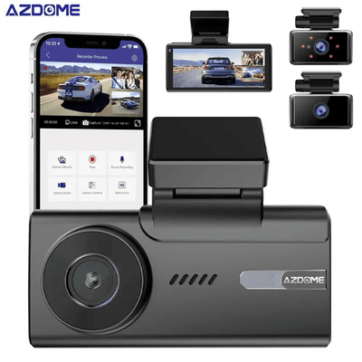AZDome Dashcam M580 Pro 5K 3CH Wifi Auto Video Recorder 64gb + Interieur en Achter Camera Zwart