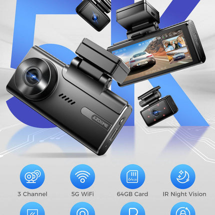AZDome Dashcam M580 Pro 5K 3CH Wifi Auto Video Recorder 64gb + Interieur en Achter Camera Zwart - VCTparts.nl