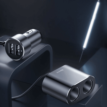 Baseus CRDYQ - 01 Splitter met 2x 80W Sigarettenaansteker Aansluitingen en 2x USB - A 3.1A poorten Zwart - VCTparts.nl