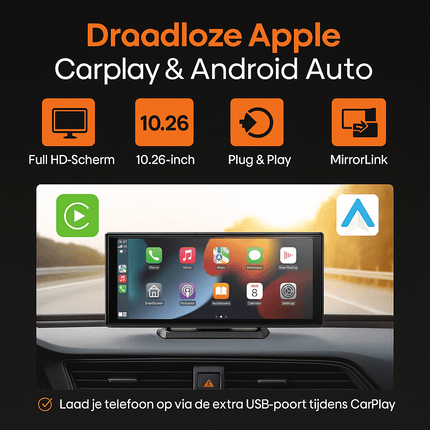 Carplay Scherm PRO - Geschikt voor Apple & Android - 10.26 Inch - Navigatiesysteem Auto - Draadloos - Touchscreen - Universeel - Multimedia Autoradio - VCTparts.nl