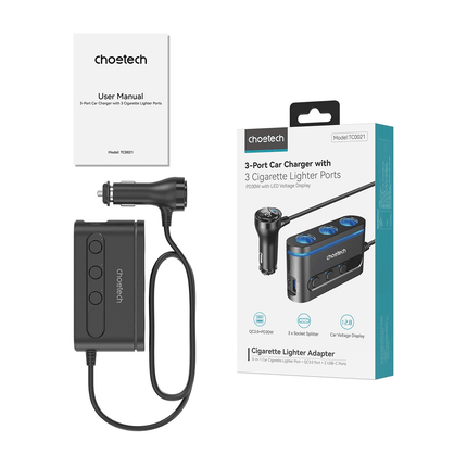 Choetech Choetech TC0021 Autolader met 2 USB - C Poorten 1 USB - A Poort en 3 Sigarettenaansteker Aansluitingen Zwart Hurtel 9
