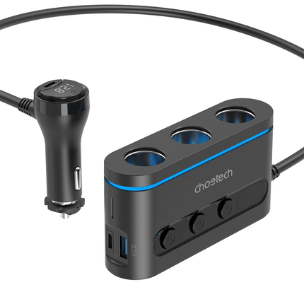 Choetech Choetech TC0021 Autolader met 2 USB - C Poorten 1 USB - A Poort en 3 Sigarettenaansteker Aansluitingen Zwart Hurtel 10