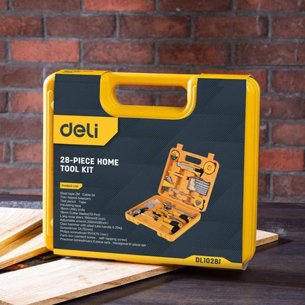 Deli 28 - delige Tools Huishoudelijke Gereedschapset Koffer (EDL1028J) Geel [Gereedschap - Deli] - VCTparts.nl