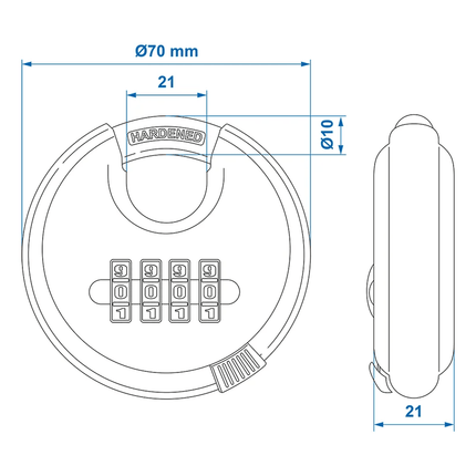 VCTparts Discusslot 70mm met Cijfercombinatie Hangslot Rond Gehard Staal Cijferslot VCTparts 2