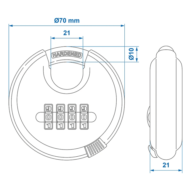 VCTparts Discusslot 70mm met Cijfercombinatie Hangslot Rond Gehard Staal Cijferslot VCTparts 2